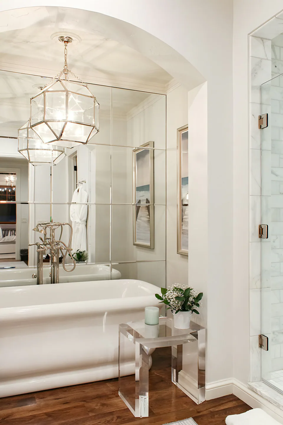 Primary bathroom at Lakefront Condo I, a private residence, interior design by Paul Lauren Designs
