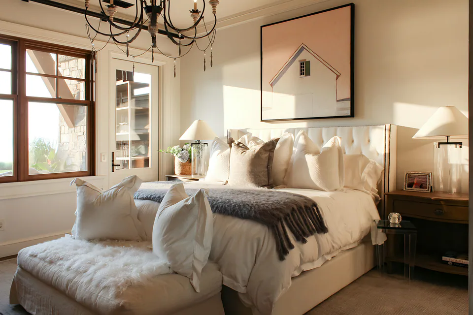 Primary bedroom at Lakefront Condo I, a private residence, interior design by Paul Lauren Designs