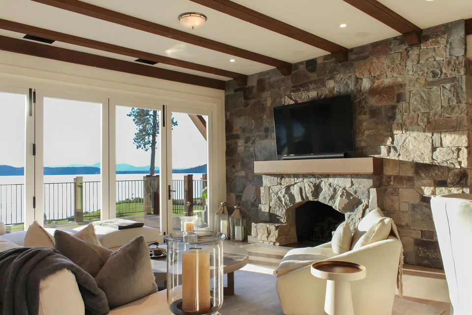 Great room at Lakefront Condo II, a private residence, interior design by Paul Lauren Designs