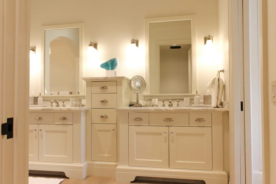 Primary bathroom at Lakefront Condo II, a private residence, interior design by Paul Lauren Designs