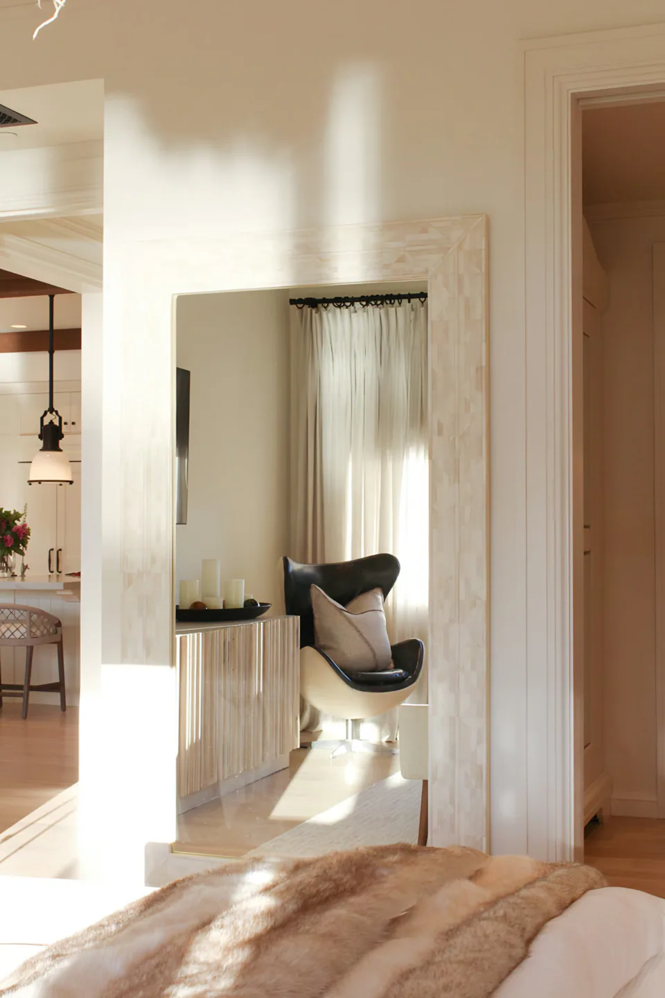 Primary bedroom at Lakefront Condo II, a private residence, interior design by Paul Lauren Designs