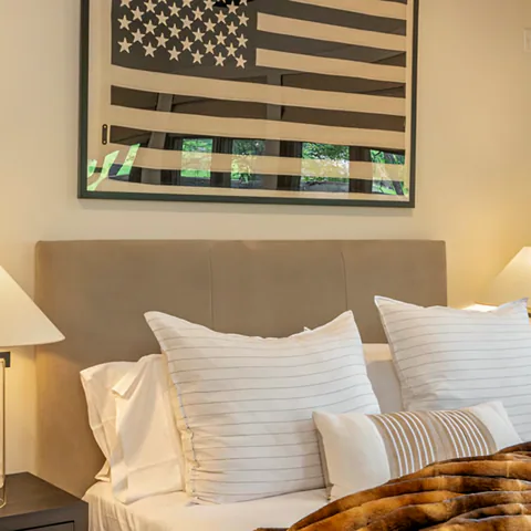 Detail of the bedroom at Lakefront Corner Condo, a private residence, interior design by Paul Lauren Designs
