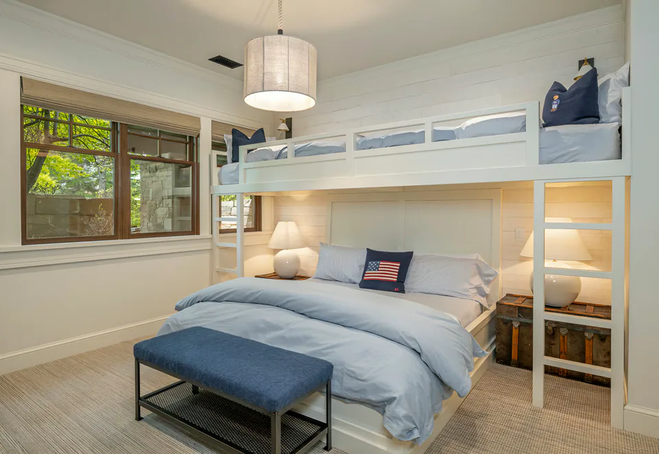 Bunk room at Lakefront Corner Condo, a private residence, interior design by Paul Lauren Designs