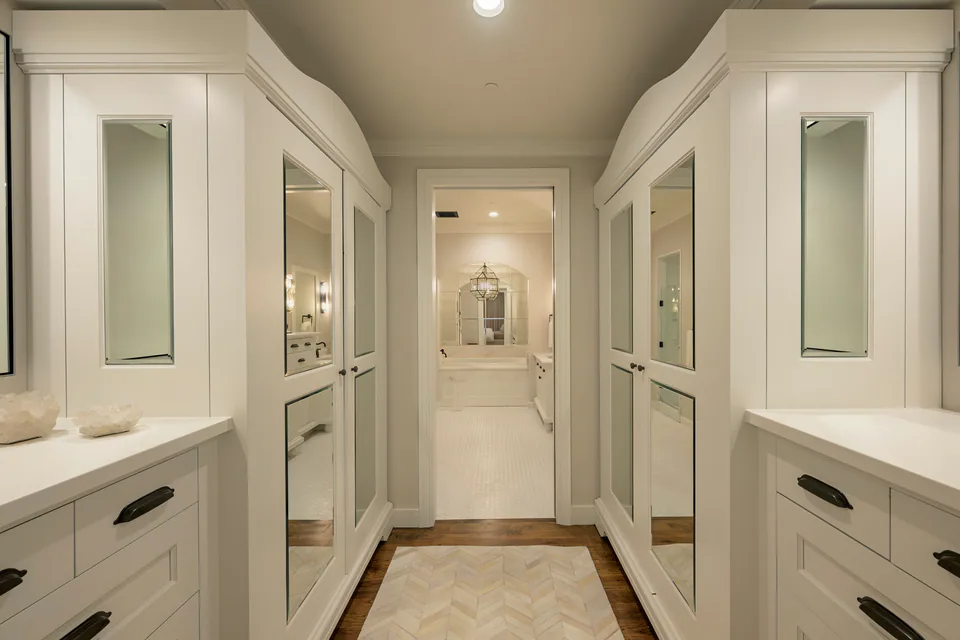 Dressing room at Lakefront Corner Condo, a private residence, interior design by Paul Lauren Designs