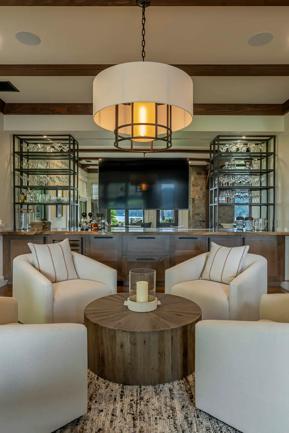 Family room at Lakefront Corner Condo, a private residence, interior design by Paul Lauren Designs