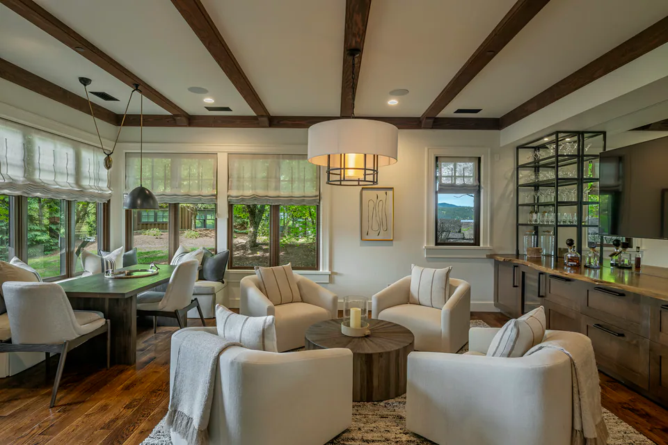 Family room at Lakefront Corner Condo, a private residence, interior design by Paul Lauren Designs