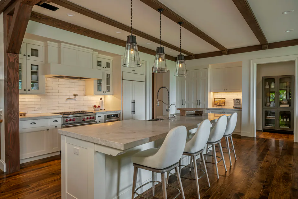Kitchen at Lakefront Corner Condo, a private residence, interior design by Paul Lauren Designs