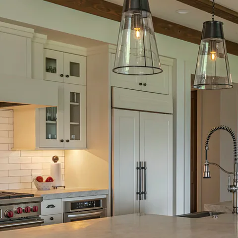 Detail of the kitchen at Lakefront Corner Condo, a private residence, interior design by Paul Lauren Designs
