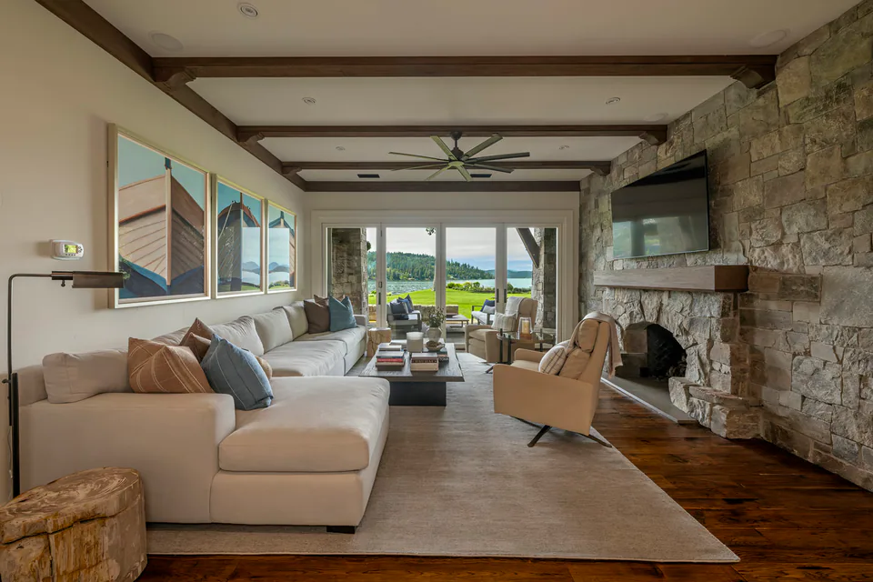 Living room at Lakefront Corner Condo, a private residence, interior design by Paul Lauren Designs