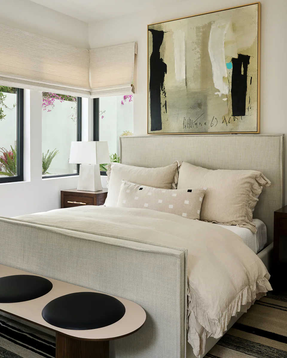 Bedroom at Pacific Palisades, Pacific Palisades, California, interior design by Paul Lauren Designs