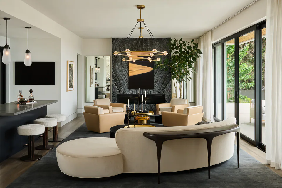 Living room at Pacific Palisades, Pacific Palisades, California, interior design by Paul Lauren Designs