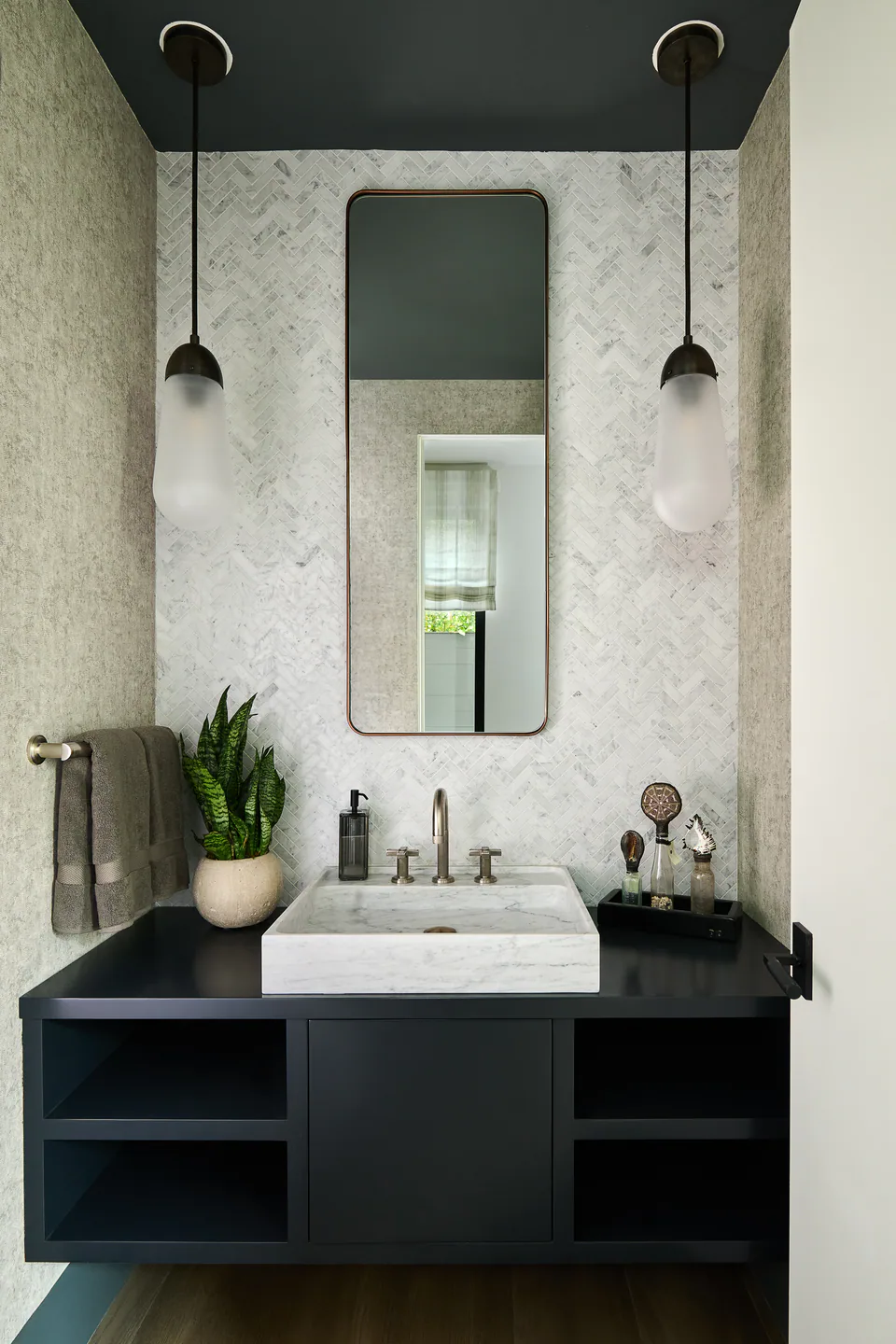 Powder room at Pacific Palisades, Pacific Palisades, California, interior design by Paul Lauren Designs