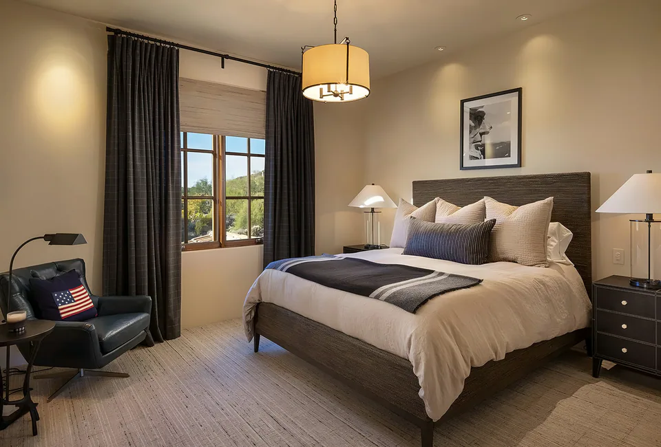 Bedroom at Silverleaf Mediterranean, North Scottsdale, Arizona, interior design by Paul Lauren Designs
