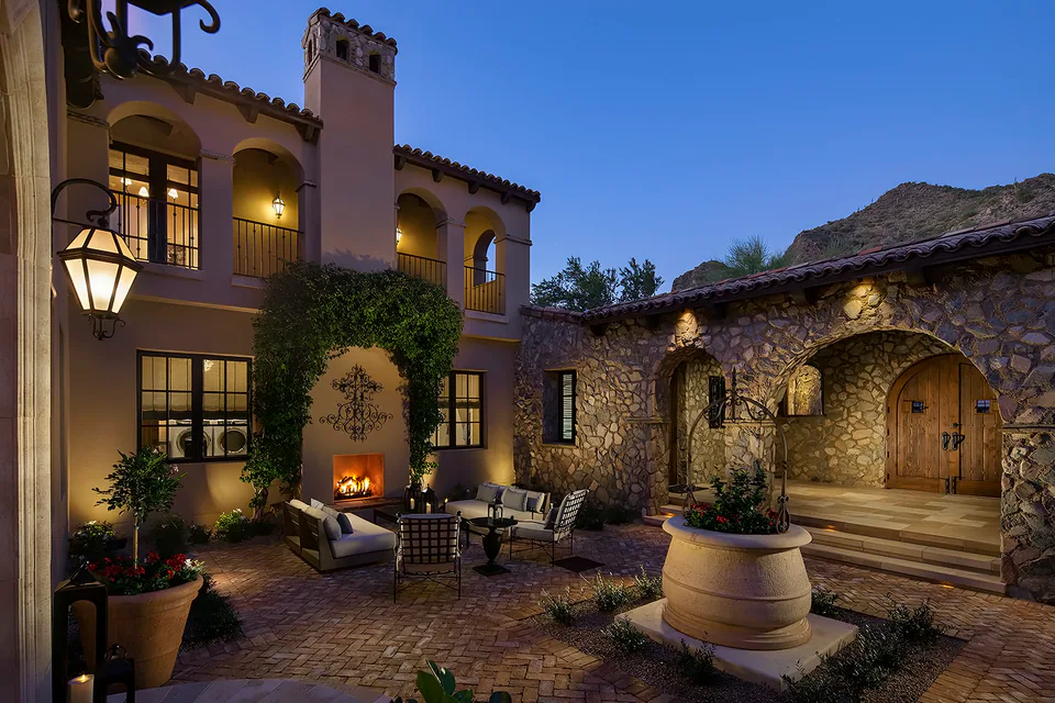 Courtyard at Silverleaf Mediterranean, North Scottsdale, Arizona, interior design by Paul Lauren Designs