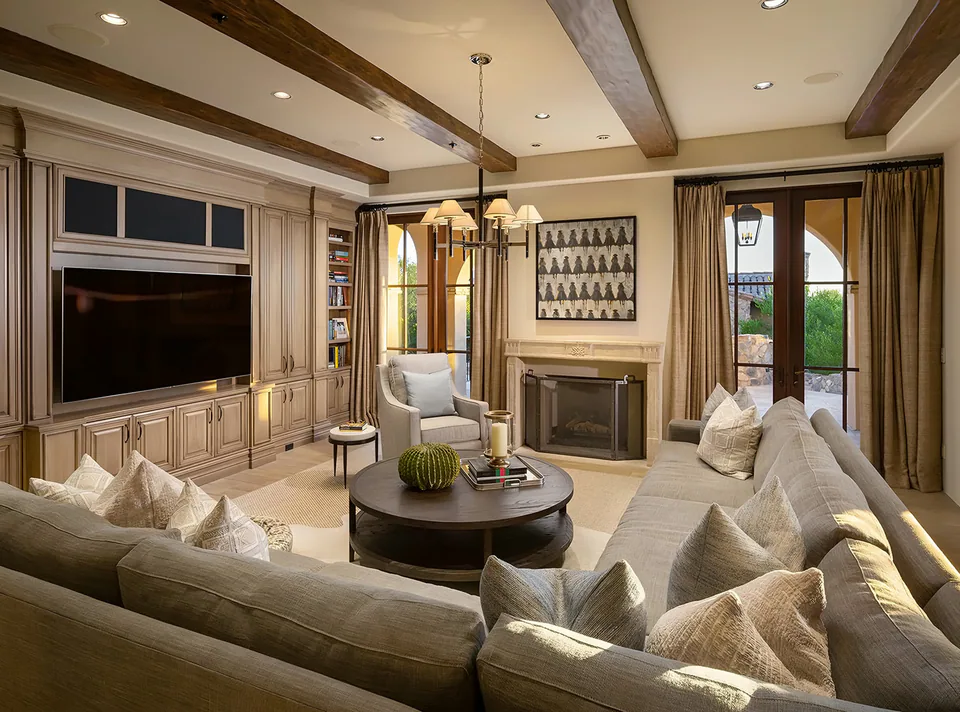 Family room at Silverleaf Mediterranean, North Scottsdale, Arizona, interior design by Paul Lauren Designs