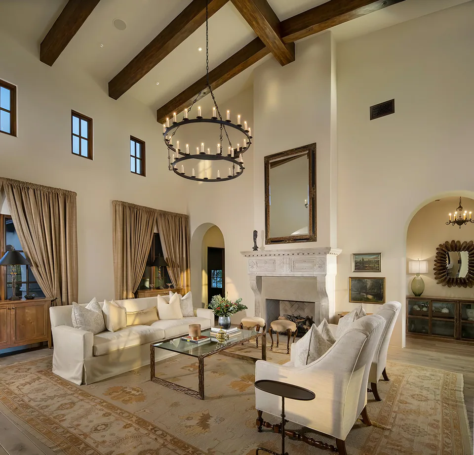 Living room at Silverleaf Mediterranean, North Scottsdale, Arizona, interior design by Paul Lauren Designs