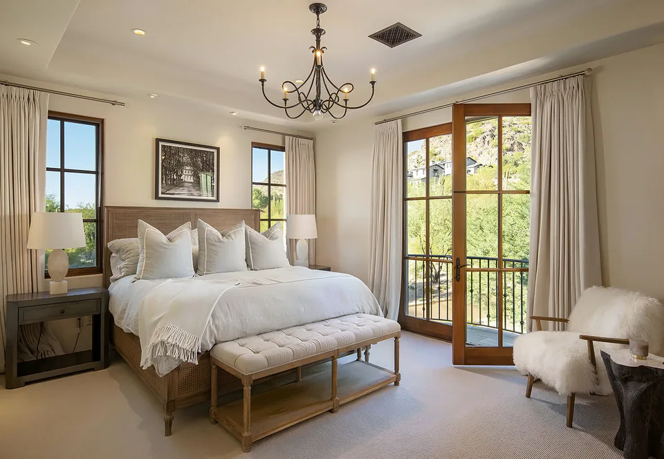 Primary bedroom at Silverleaf Mediterranean, North Scottsdale, Arizona, interior design by Paul Lauren Designs