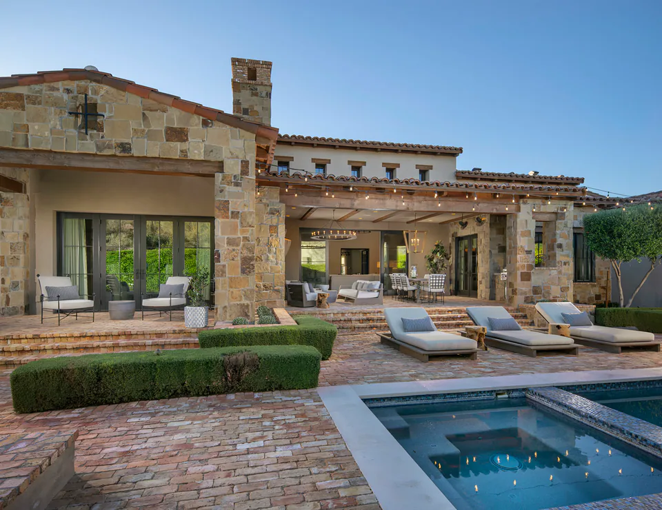 Pool terrace at Silverleaf Modern Ranch, North Scottsdale, Arizona, interior design by Paul Lauren Designs