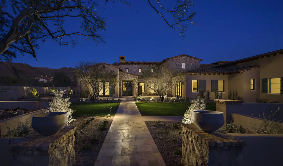 Exterior at dusk at Silverleaf Spec, North Scottsdale, Arizona, interior design by Paul Lauren Designs