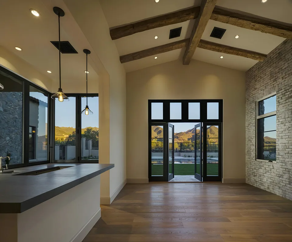 Kitchen and bar at Silverleaf Spec, North Scottsdale, Arizona, interior design by Paul Lauren Designs