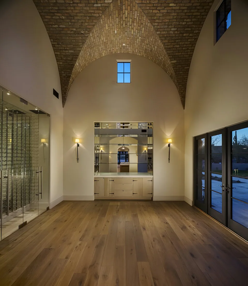 Primary bedroom at Silverleaf Spec, North Scottsdale, Arizona, interior design by Paul Lauren Designs