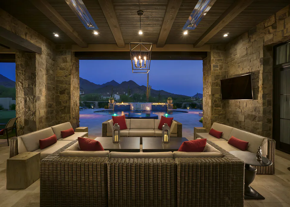 Covered patio at Silverleaf Transitional, North Scottsdale, Arizona, interior design by Paul Lauren Designs