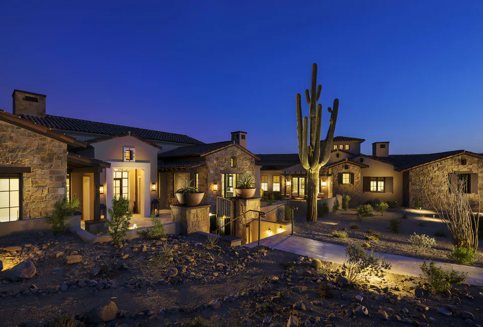 Exterior at dusk at Silverleaf Transitional, North Scottsdale, Arizona, interior design by Paul Lauren Designs