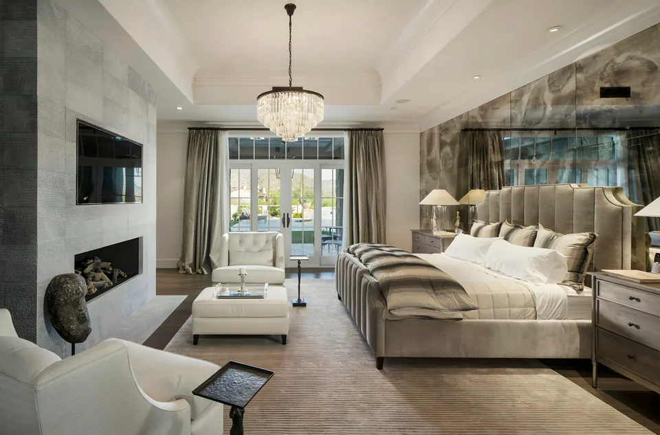 Primary bedroom at Silverleaf Transitional, North Scottsdale, Arizona, interior design by Paul Lauren Designs