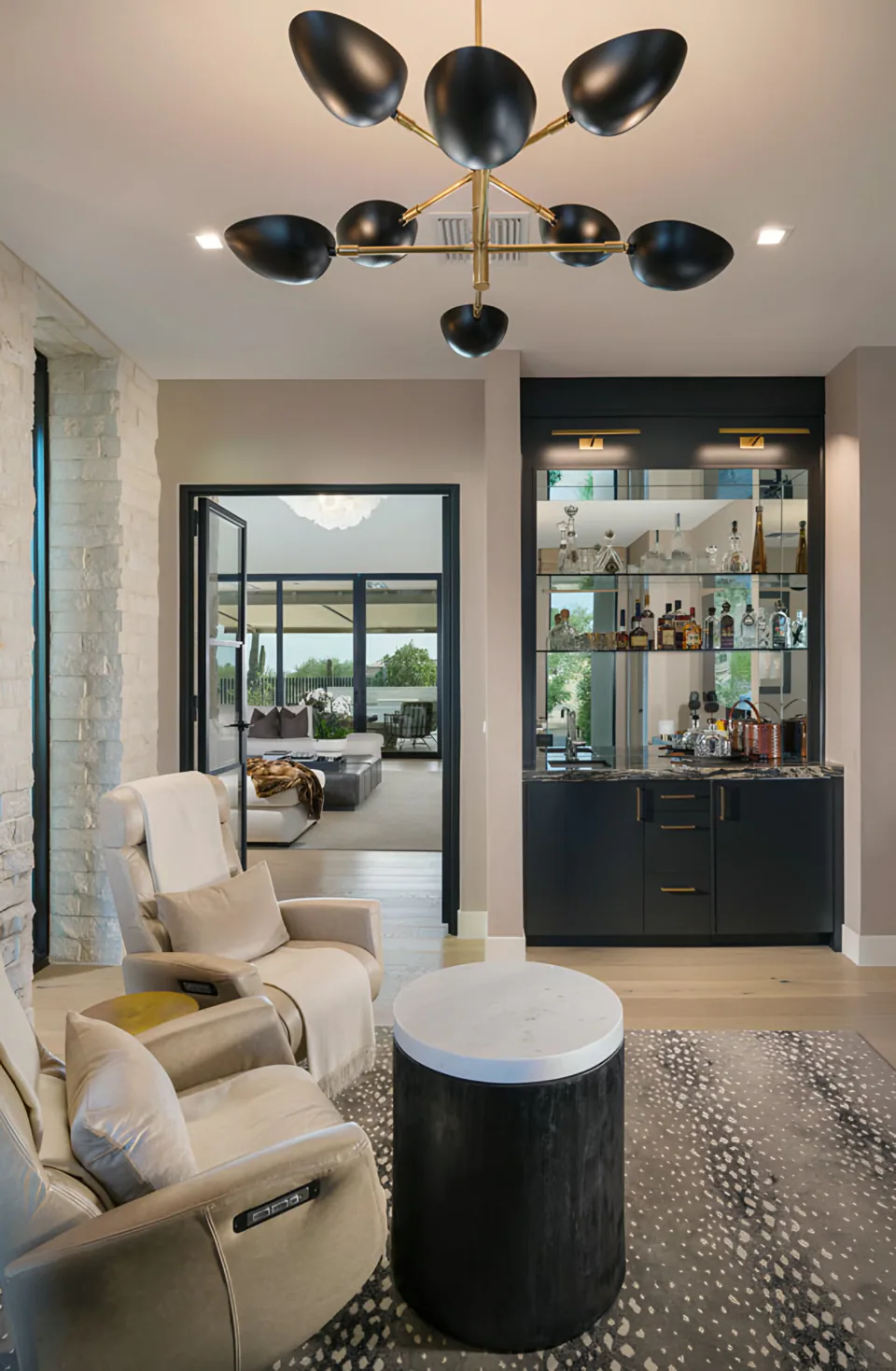 Bar and sitting room at Solitude, a private residence, interior design by Paul Lauren Designs