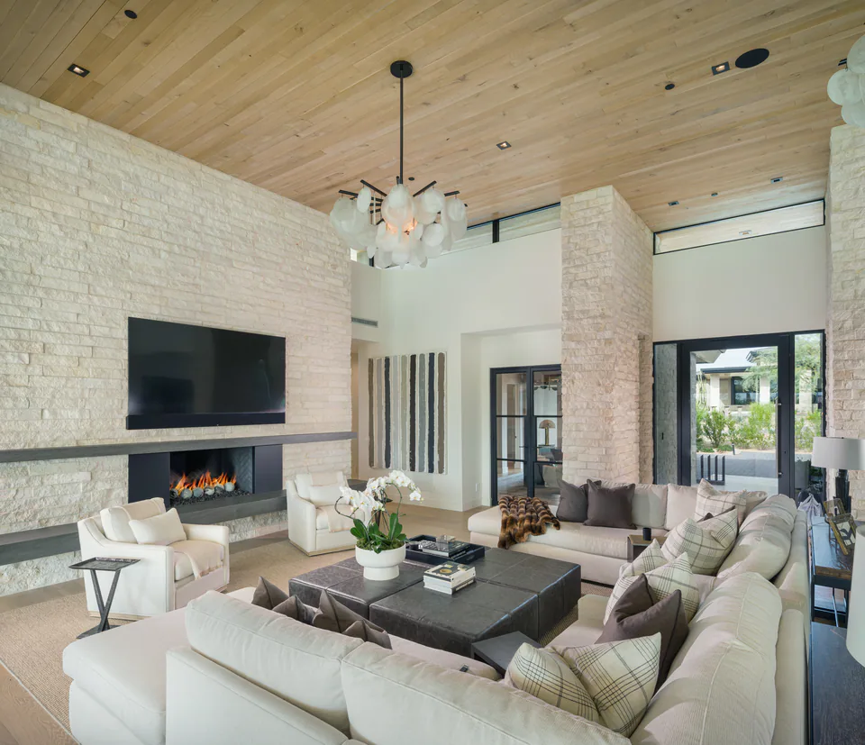 Great room at Solitude, a private residence, interior design by Paul Lauren Designs