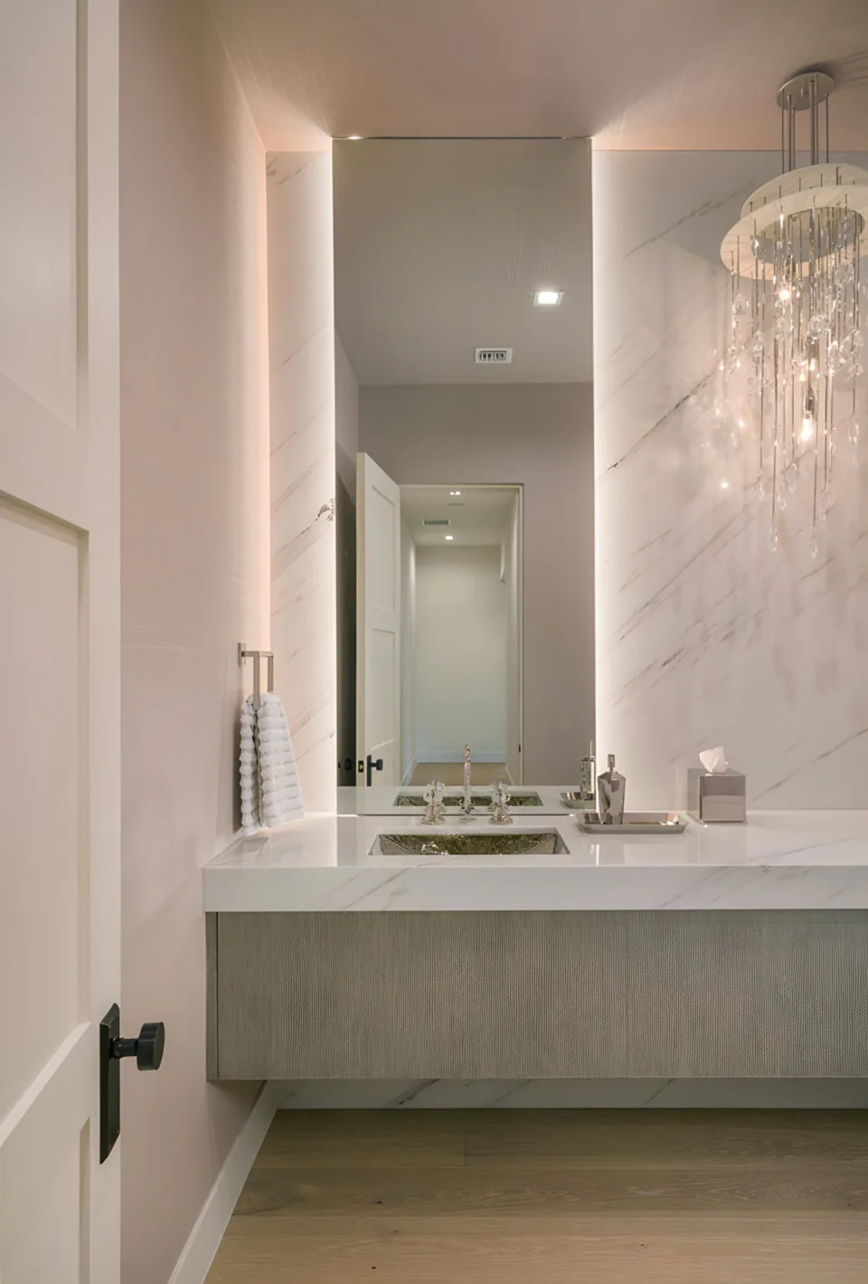 Powder room at Solitude, a private residence, interior design by Paul Lauren Designs