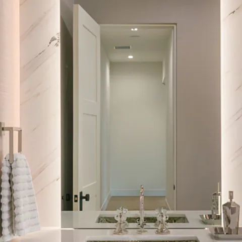 Detail of the powder room at Solitude, a private residence, interior design by Paul Lauren Designs
