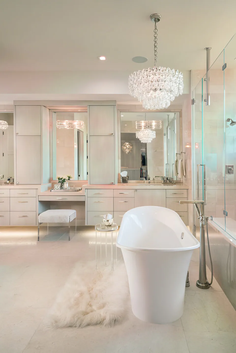 Primary bathroom at Solitude, a private residence, interior design by Paul Lauren Designs