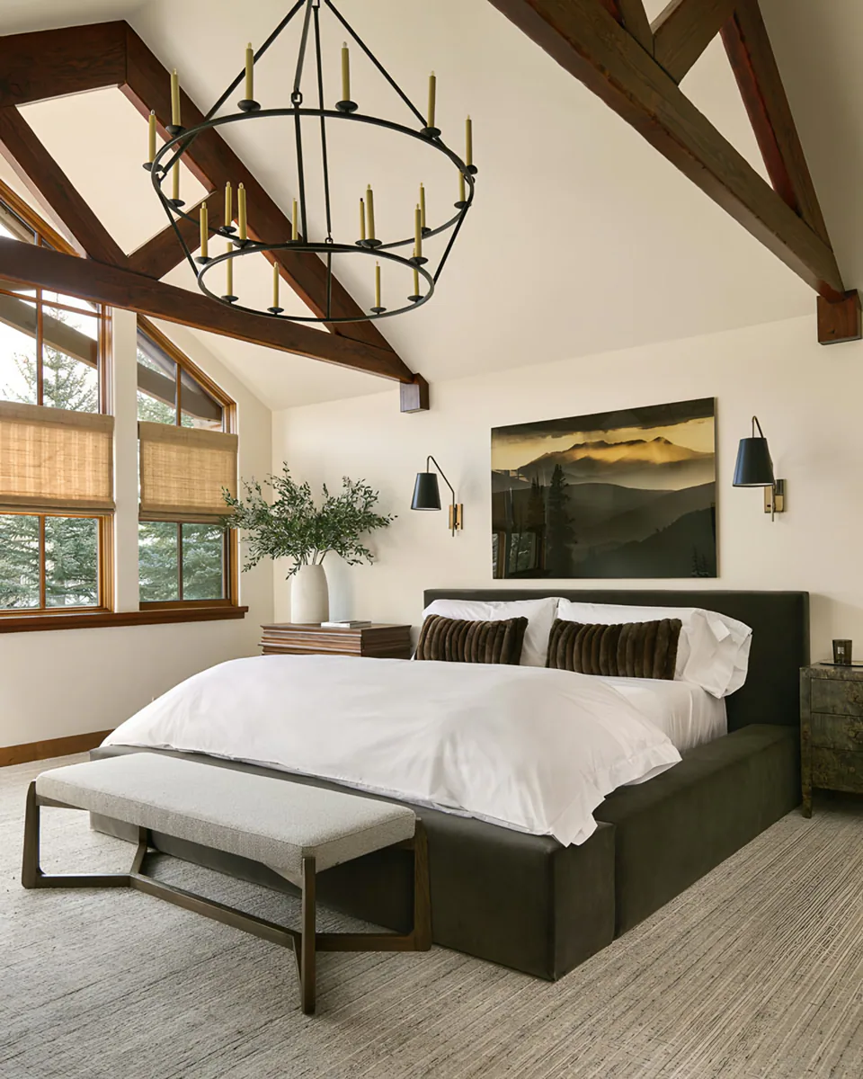 Primary bedroom at Sun Valley Renovation, Sun Valley, Idaho, interior design by Paul Lauren Designs