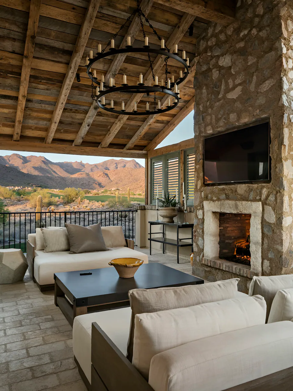 Covered patio at The Village of Silverleaf, North Scottsdale, Arizona, interior design by Paul Lauren Designs