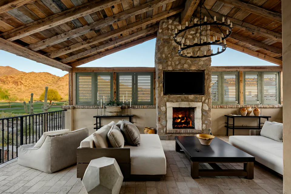 Covered patio at The Village of Silverleaf, Scottsdale, interior design by Paul Lauren Designs