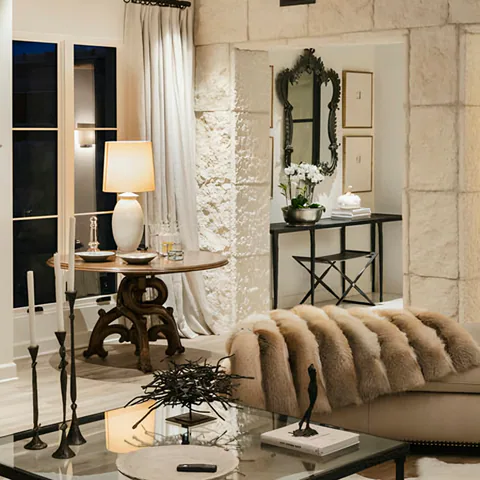 Detail of the living room at The Village of Silverleaf, North Scottsdale, Arizona, interior design by Paul Lauren Designs