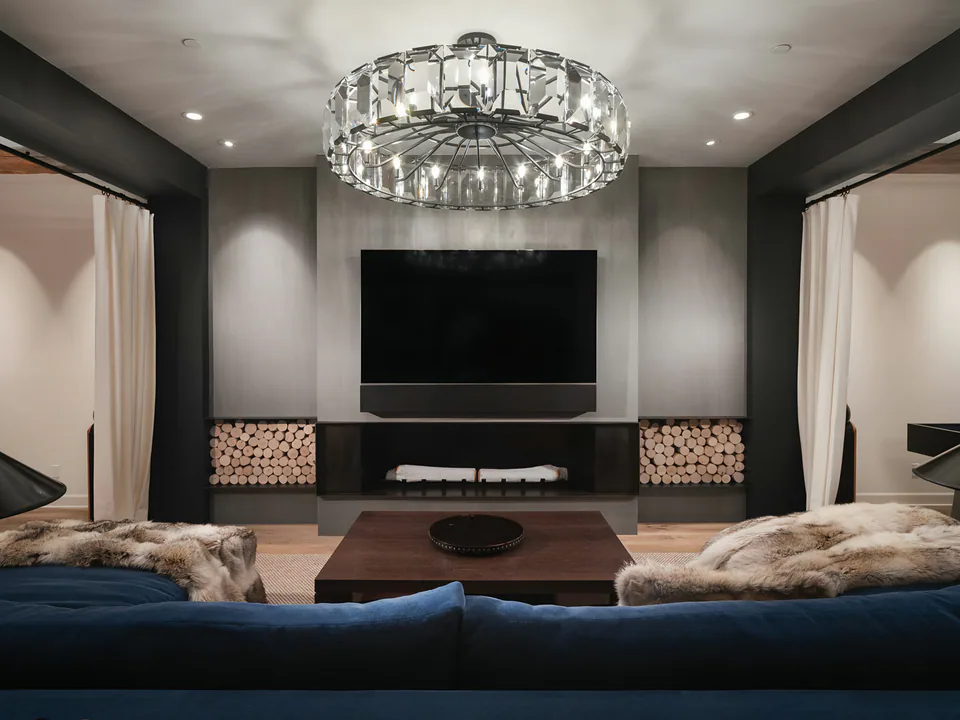 Media room at The Village of Silverleaf, North Scottsdale, Arizona, interior design by Paul Lauren Designs