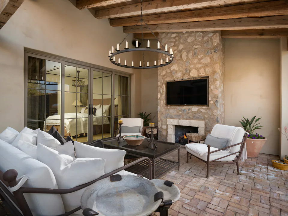 Outdoor living room at The Village of Silverleaf, North Scottsdale, Arizona, interior design by Paul Lauren Designs