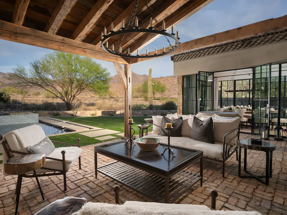 Pool terrace at The Village of Silverleaf, North Scottsdale, Arizona, interior design by Paul Lauren Designs