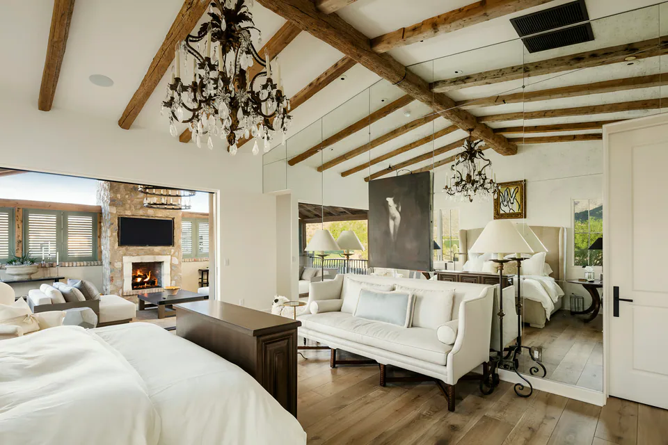 Primary bedroom at The Village of Silverleaf, North Scottsdale, Arizona, interior design by Paul Lauren Designs