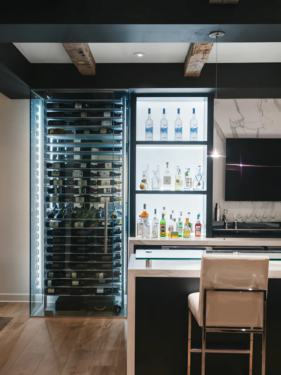Wine room and bar at The Village of Silverleaf, North Scottsdale, Arizona, interior design by Paul Lauren Designs