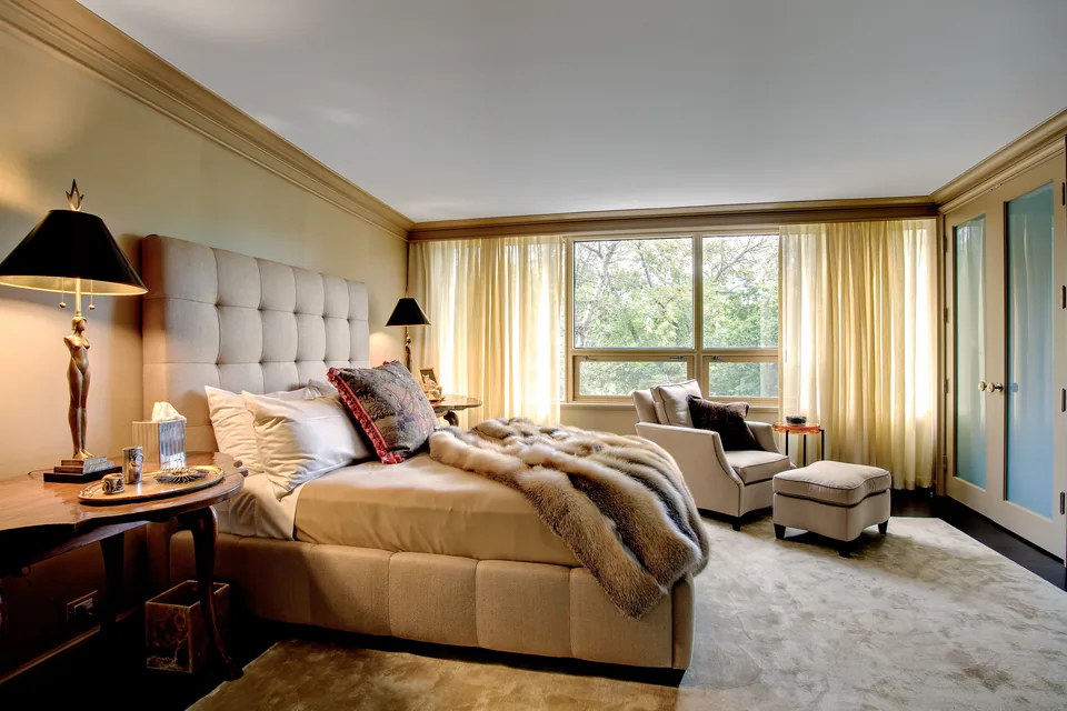 Primary bedroom at Wilmette Residence, Wilmette, Illinois, interior design by Paul Lauren Designs